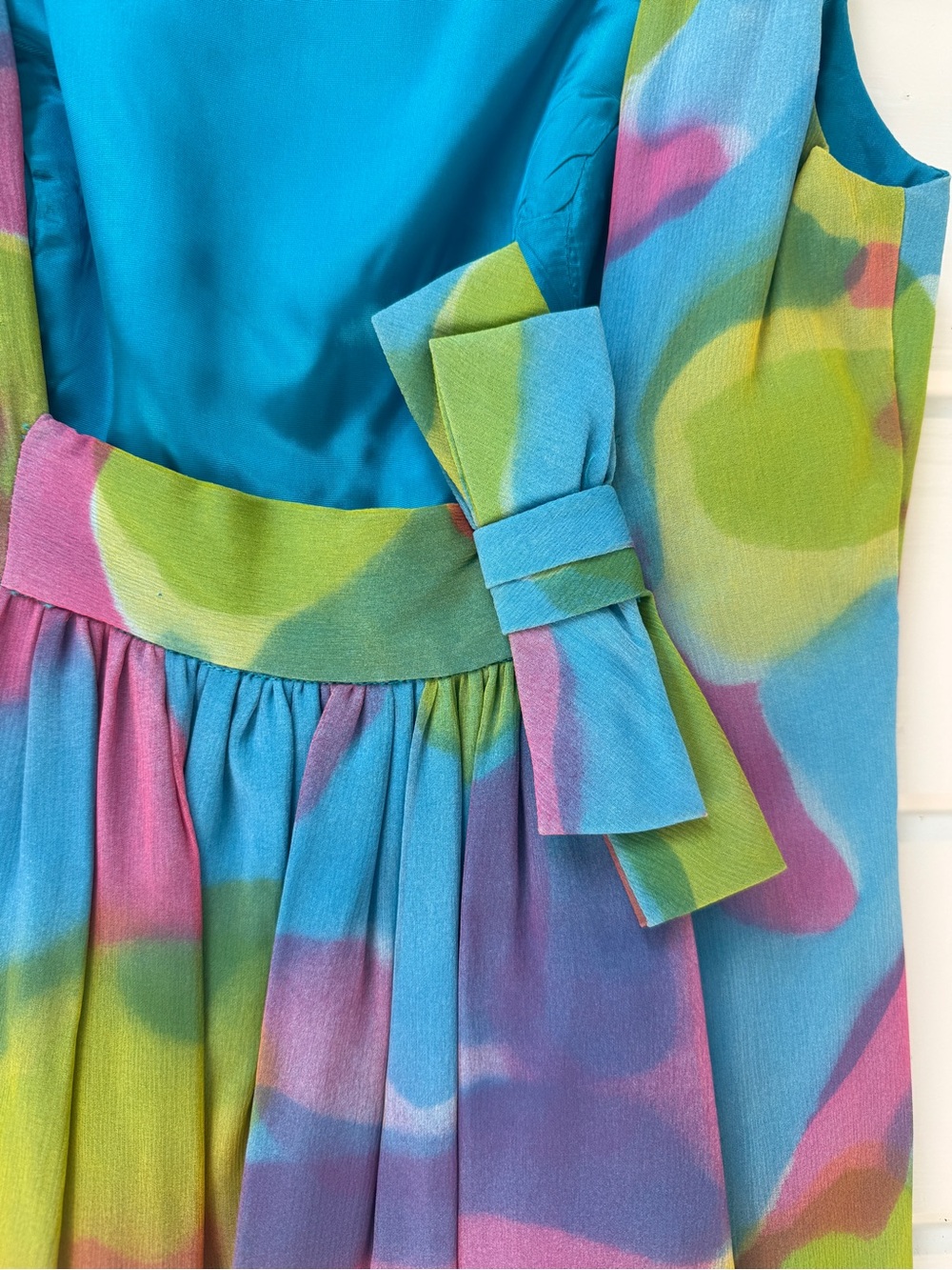 Vintage 60s Surreal Watercolor Dress with Teal Satin Lining | XS